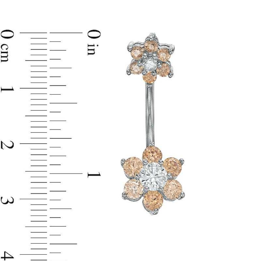 Banter Stainless Steel Cz Champagne And White Double Flower Belly Button Ring - 14G Belly Button