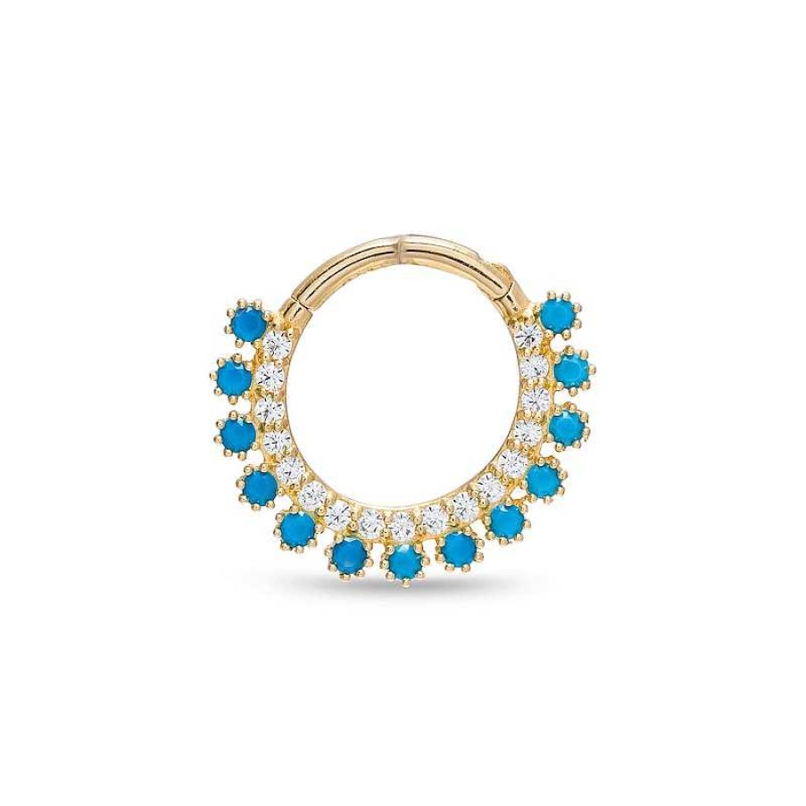 Banter 016 Gauge Lab-Created Turquoise And Cubic Zirconia Nose Ring In 14K Gold Nose