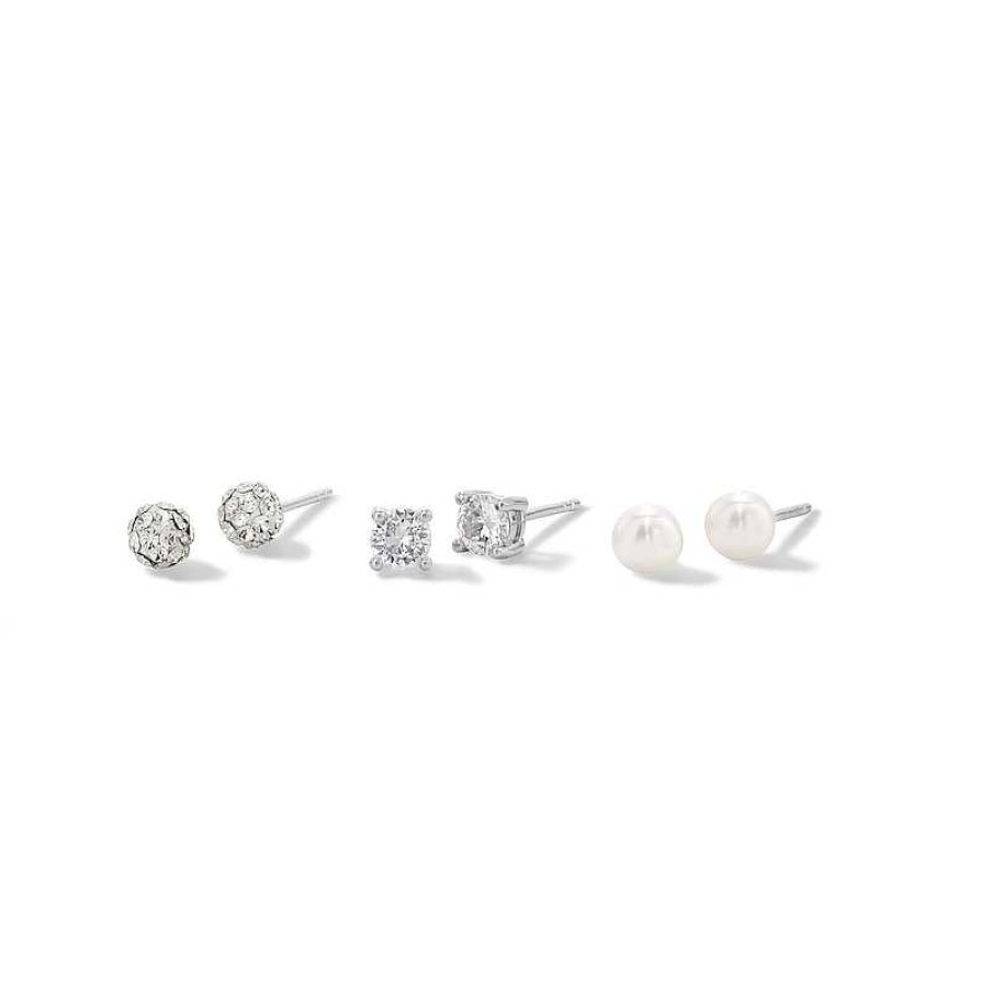 Banter 4.0Mm Pearl And Cubic Zirconia Three Pair Stud Earrings Set In Sterling Silver Earrings