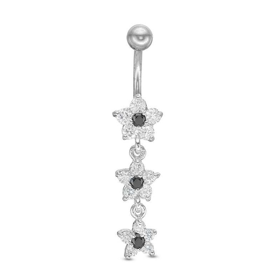 Banter 014 Gauge Black And White Cubic Zirconia Flower Dangle Belly Button Ring In Solid Stainless Steel Belly Button