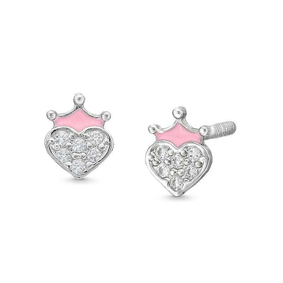 Banter Cubic Zirconia And Pink Enamel Crown Heart Stud Earrings In Sterling Silver Earrings