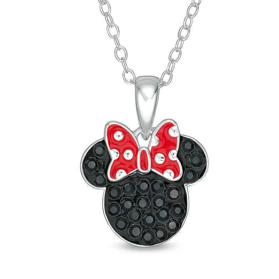 Banter Child'S Black Crystal ©Disney Minnie Mouse With Red And White Enamel Polka Dot Bow Pendant In Solid Sterling Silver - 15" Necklaces