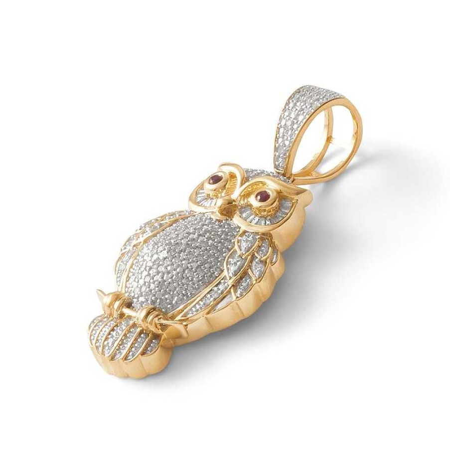 Banter 1/3 Ct. T.W. Baguette And Round Diamond With Lab-Created Ruby Owl Necklace Charm In 10K Gold Charms