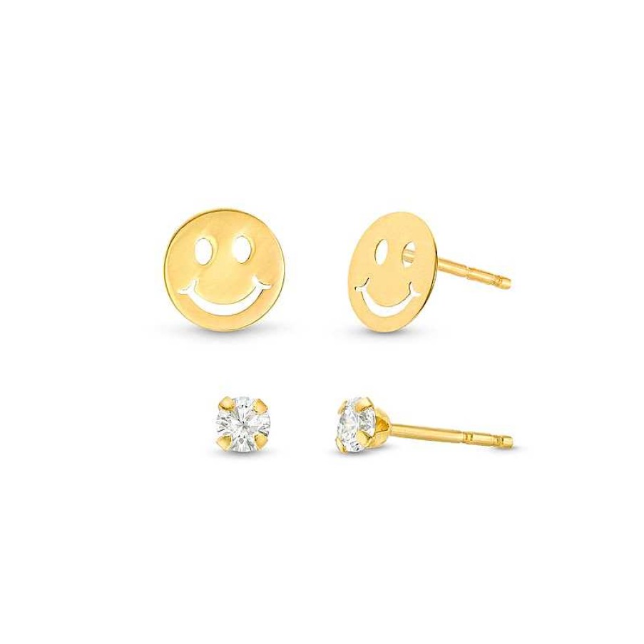 Banter Cubic Zirconia And Smile Stud Earrings Set In 10K Solid Gold Earrings