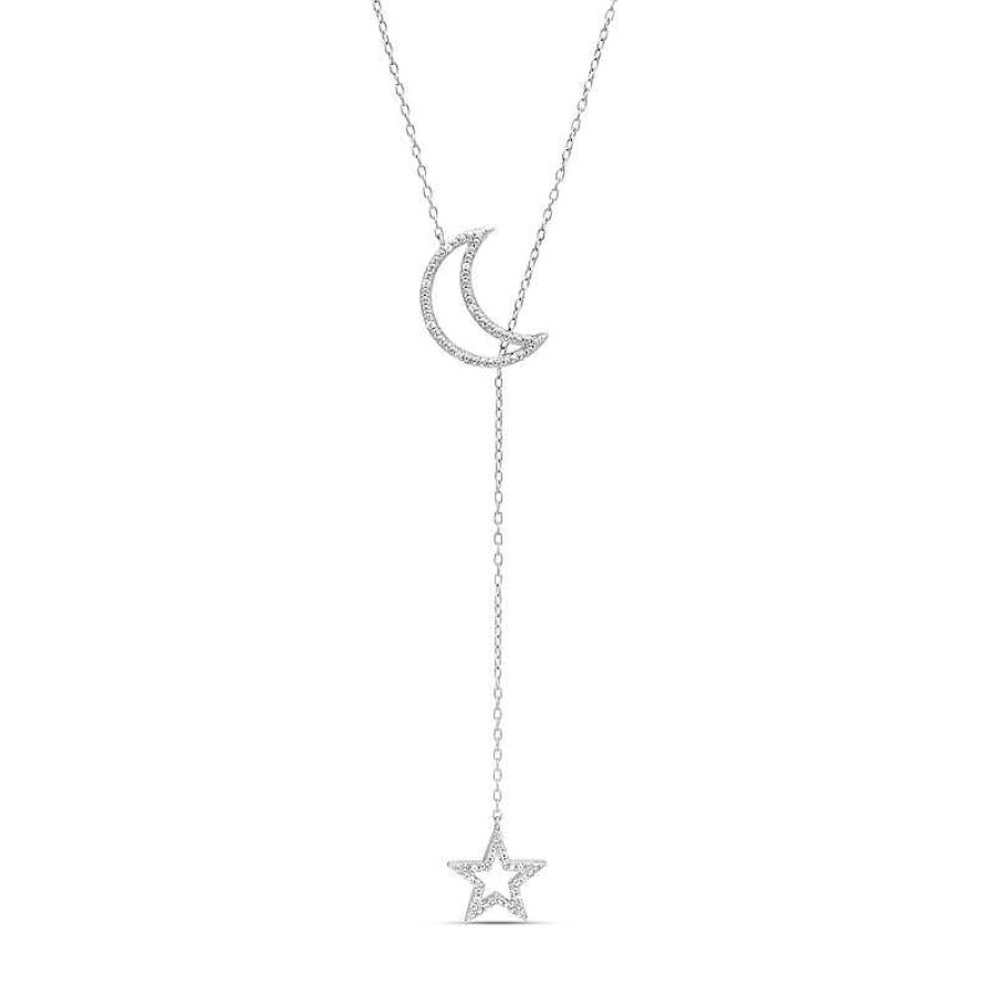 Banter 1/20 Ct. T.W. Diamond Beaded Crescent Moon And Star Outline Lariat Necklace In Sterling Silver Necklaces