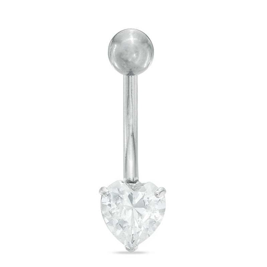 Banter 10K Semi-Solid White Gold Cz Heart Belly Button Ring - 14G 3/8" Belly Button