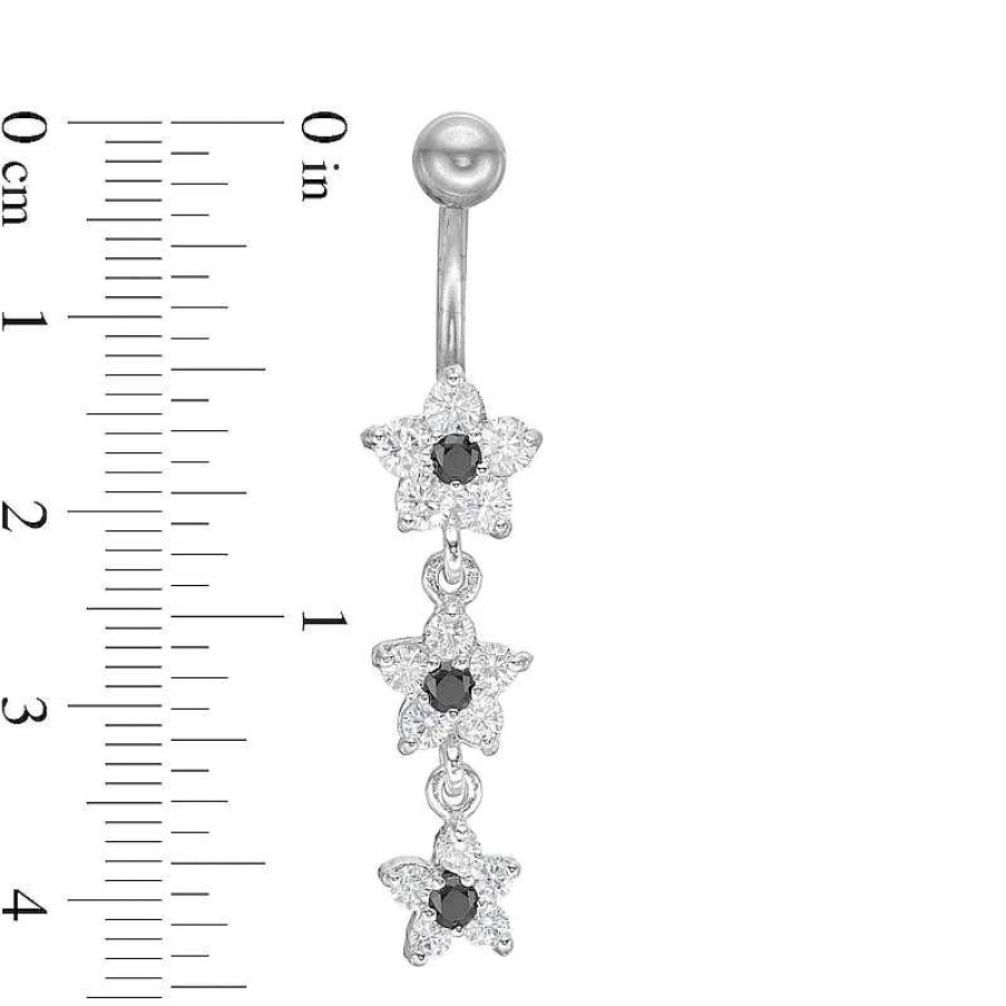 Banter 014 Gauge Black And White Cubic Zirconia Flower Dangle Belly Button Ring In Solid Stainless Steel Belly Button