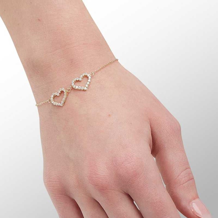 Banter Made In Italy Cubic Zirconia Double Heart Outline Bolo Bracelet In 10K Solid Gold - 9" Bracelets