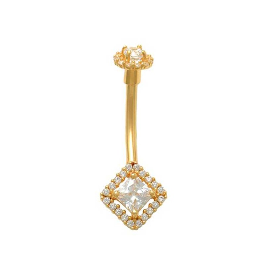 Banter 10K Solid Gold Cz Princess-Cut Frame Belly Button Ring - 14G 3/8" Belly Button