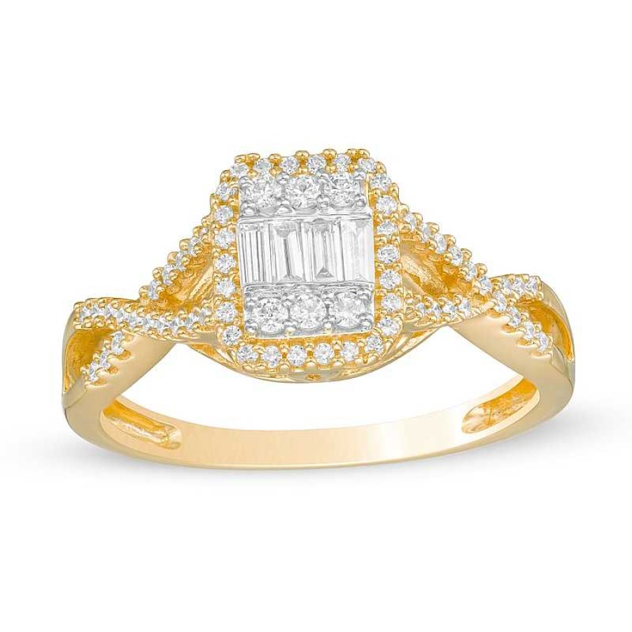 Banter 1/3 Ct. T.W. Baguette And Round Composite Diamond Octagonal Frame Twist Shank Engagement Ring In 10K Gold Rings