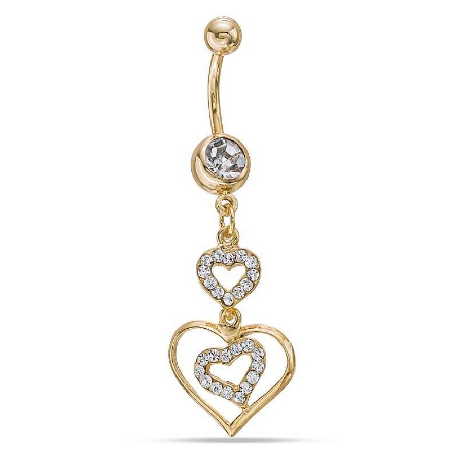 Banter Yellow Ion Plated Crystal Triple Heart Dangle Belly Button Ring - 14G 3/8" Belly Button