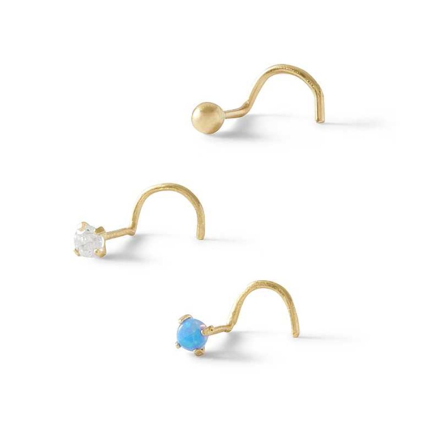 Banter 14K Semi-Solid And Hollow Gold Cz And Simulated Blue Opal Three Piece Nose Ring Set - 22G Nose