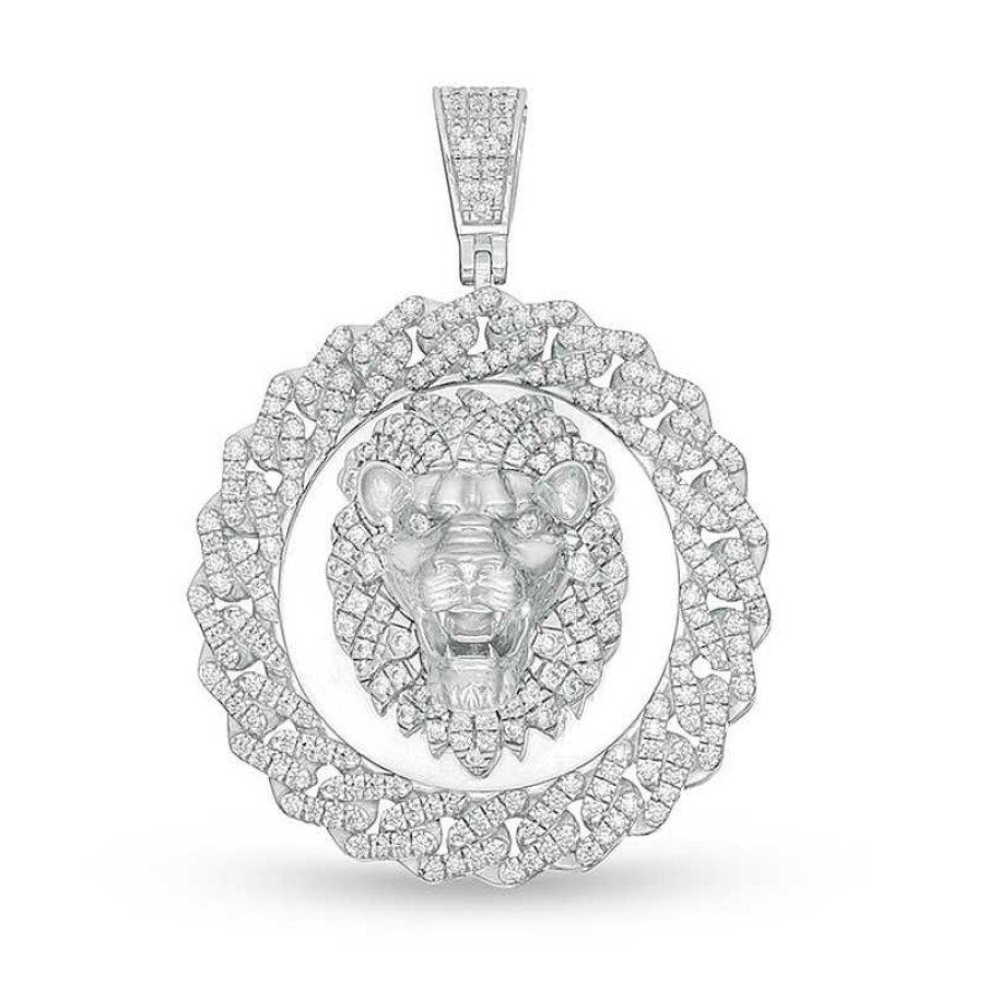 Banter Cubic Zirconia Lion Head Chain Link Frame Medallion Necklace Charm In Solid Sterling Silver Charms