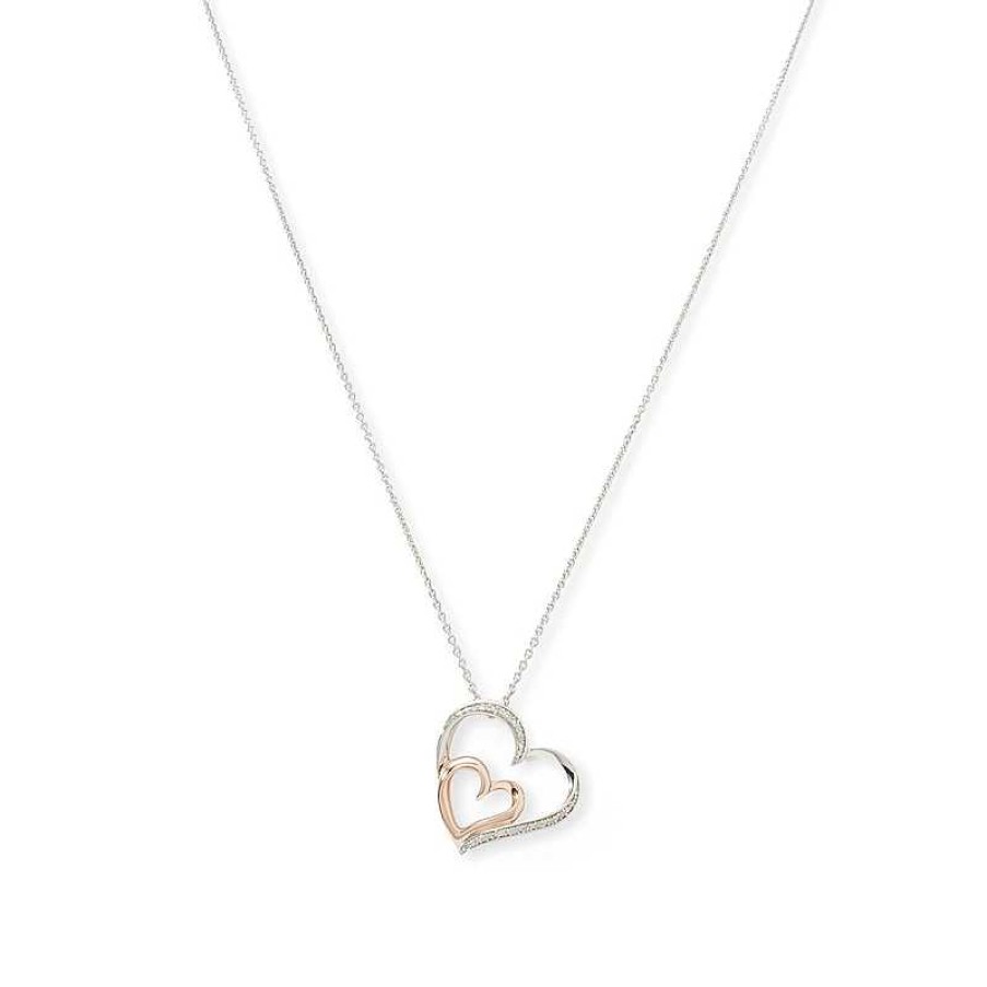 Banter Diamond Accent Tilted Double Heart Pendant In Sterling Silver And 14K Rose Gold Plate Necklaces