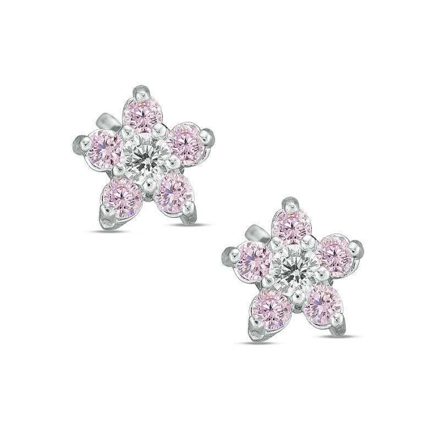 Banter Child'S Pink And White Cubic Zirconia Flower Stud Earrings In Sterling Silver Earrings