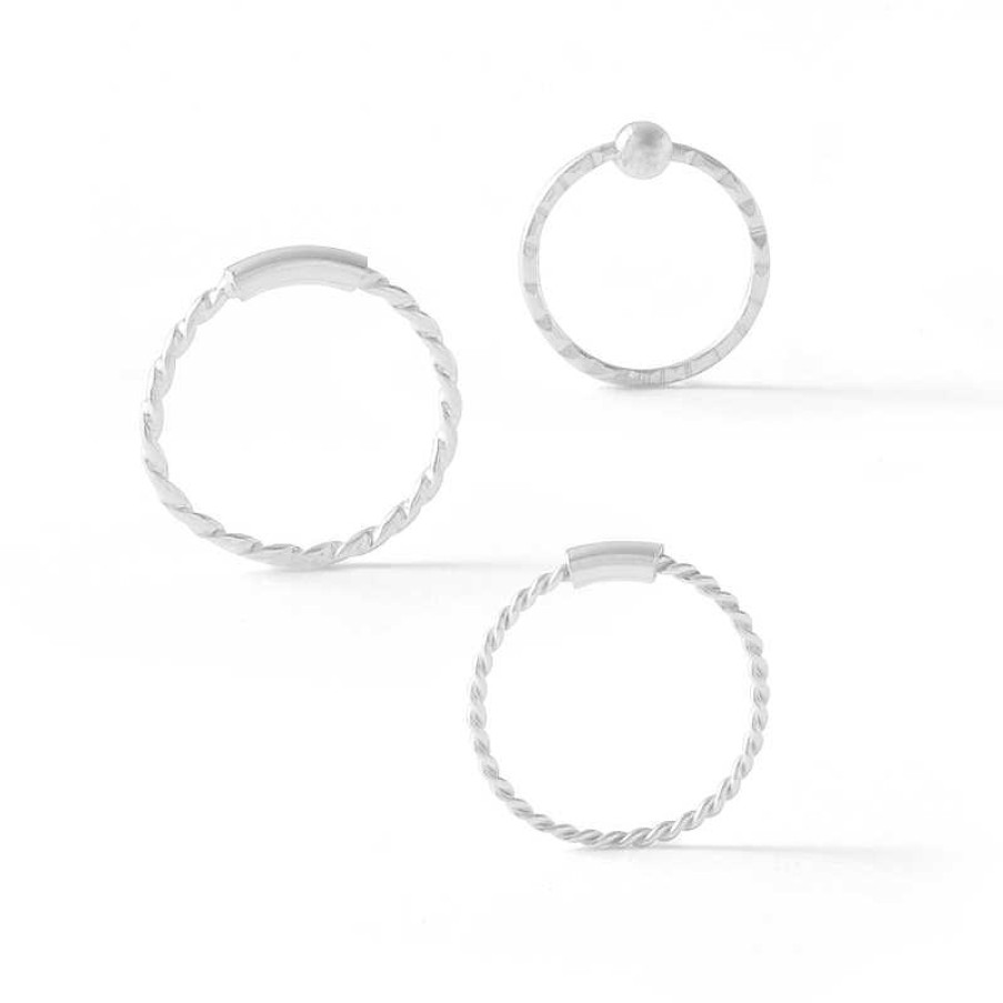 Banter Semi-Solid Sterling Silver Textured Three Piece Nose Ring Set - 22G 3/8" Nose