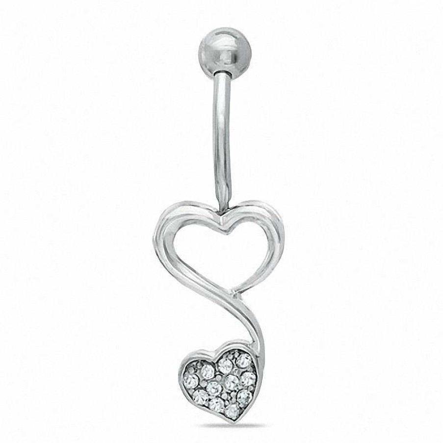 Banter Solid Stainless Steel Cz Double Heart Top-Down Belly Button Ring - 14G Belly Button