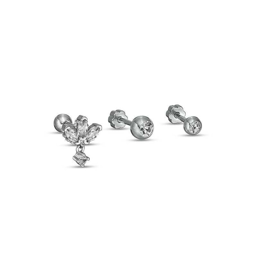 Banter 016 Gauge Cubic Zirconia Tri-Leaf With Dangle And Solitaire Cartilage Barbell Set In Stainless Steel And Brass - 5/16" Earrings