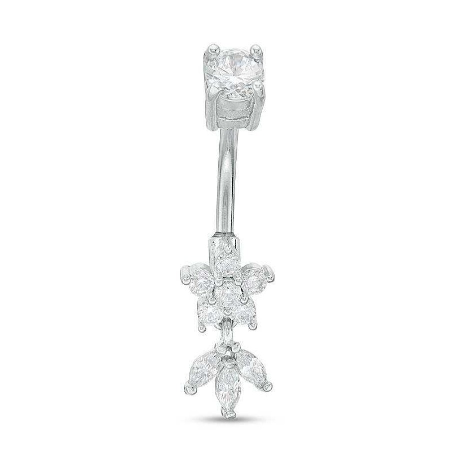 Banter Solid Stainless Steel Cz Flower And Leaf Trio Dangle Belly Button Ring - 14G Belly Button