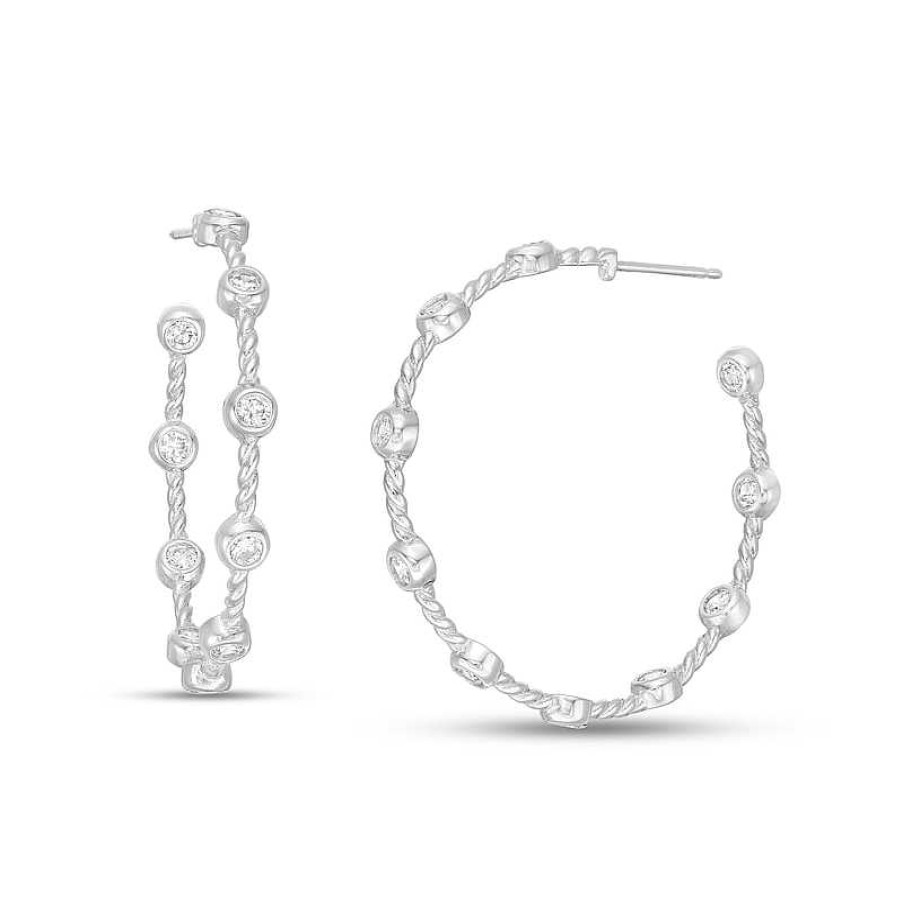 Banter 3Mm Bezel-Set Cubic Zirconia Station Rope-Textured Inside-Out J-Hoop Earrings In Sterling Silver Earrings