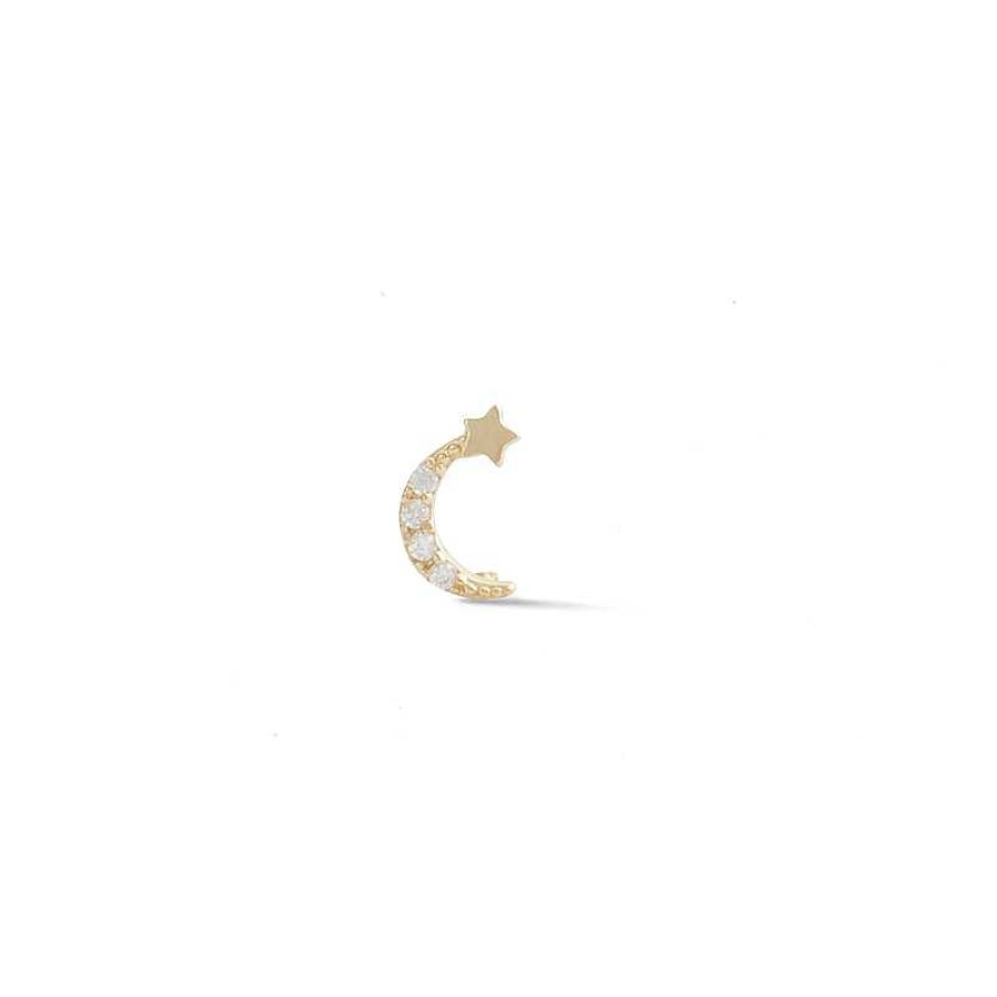 Banter 14K Gold Tube Cz Beaded Crescent Moon And Star Stud - 18G 5/16" Ear