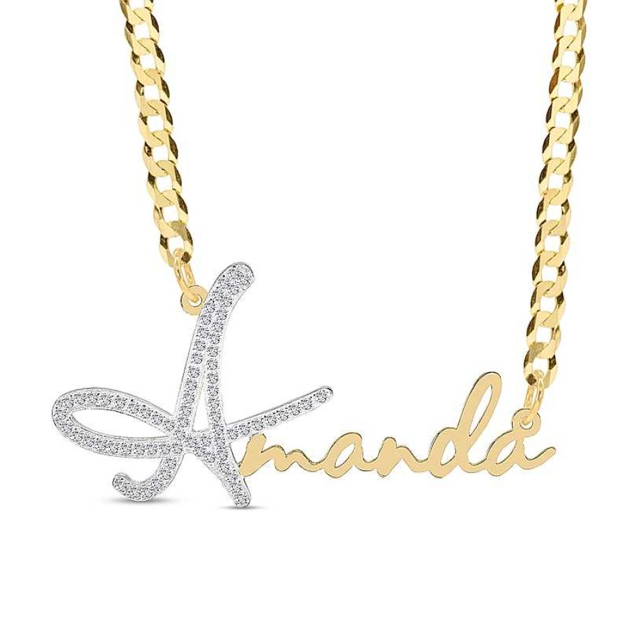 Banter Cubic Zirconia Personalized Name Script Curb Chain Necklace In Sterling Silver With 14K Gold Plate - 18" Necklaces