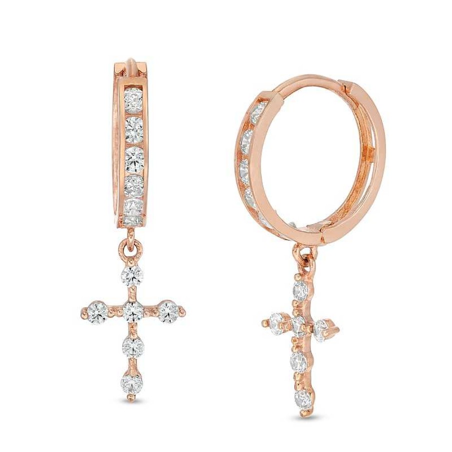 Banter Cubic Zirconia Cross Dangle Huggie Hoop Earrings In 14K Rose Gold Earrings