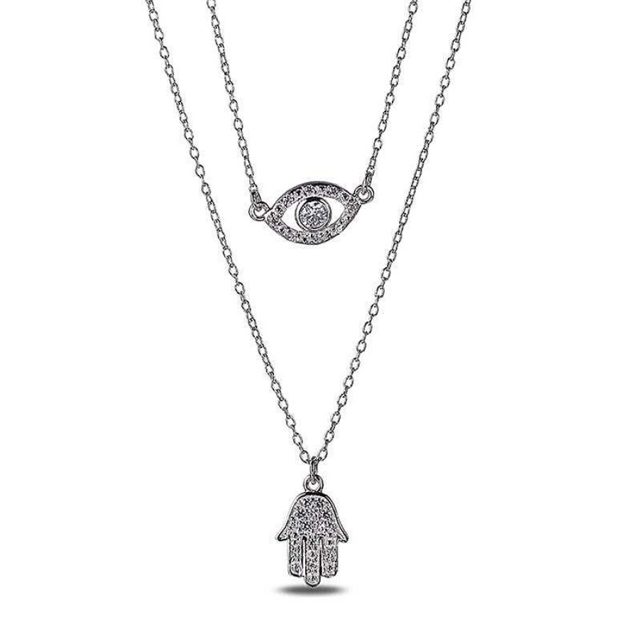 Banter Cubic Zirconia Evil Eye And Hamsa Double Strand Necklace In Solid Sterling Silver Necklaces