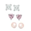 Banter Child'S Dyed Pink Cultured Freshwater Pearl, Pink And White Cubic Zirconia Three Pair Earrings Set In Sterling Silver Earrings