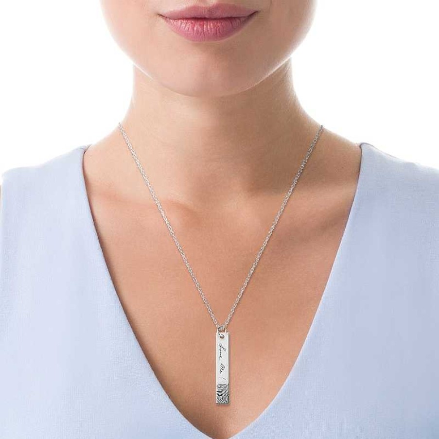 Banter Engravable Print And Your Own Handwriting Vertical Bar Pendant In 10K White, Yellow Or Rose Gold (1 Image And Line) Necklaces