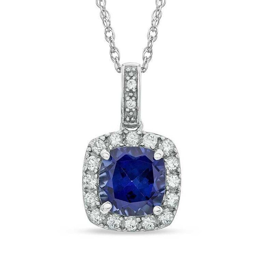 Banter 7Mm Cushion-Cut Lab-Created Blue And White Sapphire Pendant In Sterling Silver Necklaces