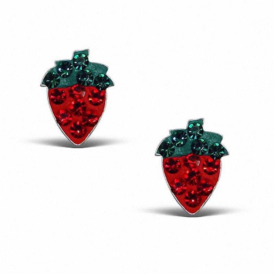 Banter Child'S Pink And Green Crystal Strawberry Stud Earrings In Sterling Silver Earrings