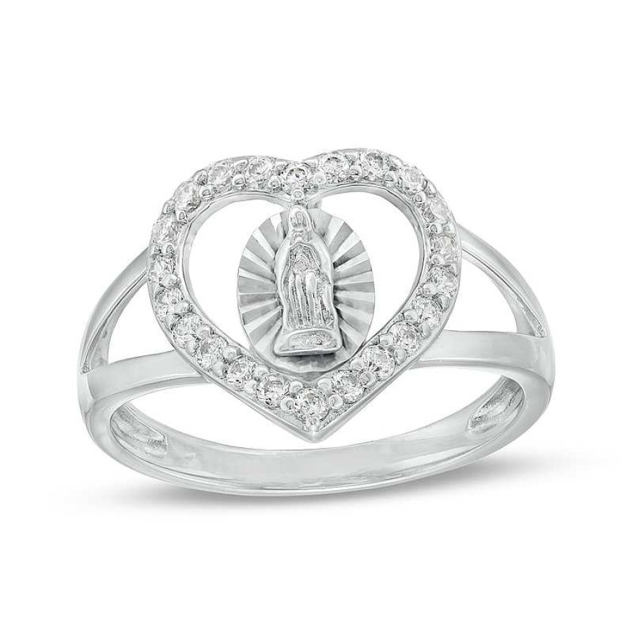 Banter Cubic Zirconia Heart Frame Virgin Mary Split Shank Ring In Sterling Silver Rings