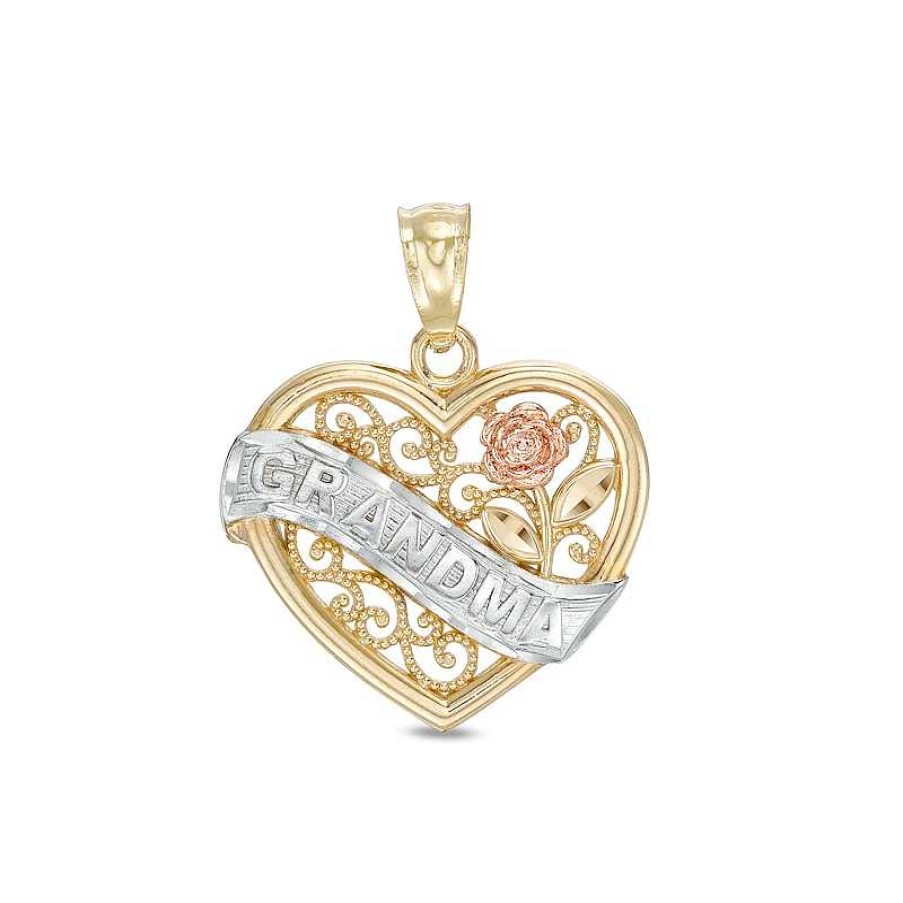 Banter Beaded Filigree Heart "Grandma" With Flower Pendant In 10K Solid Tri-Tone Gold Charms