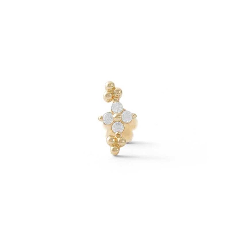 Banter 14K Solid Gold Cz Flower Double Bead Trio Crawler Stud - 18G 5/16" Ear