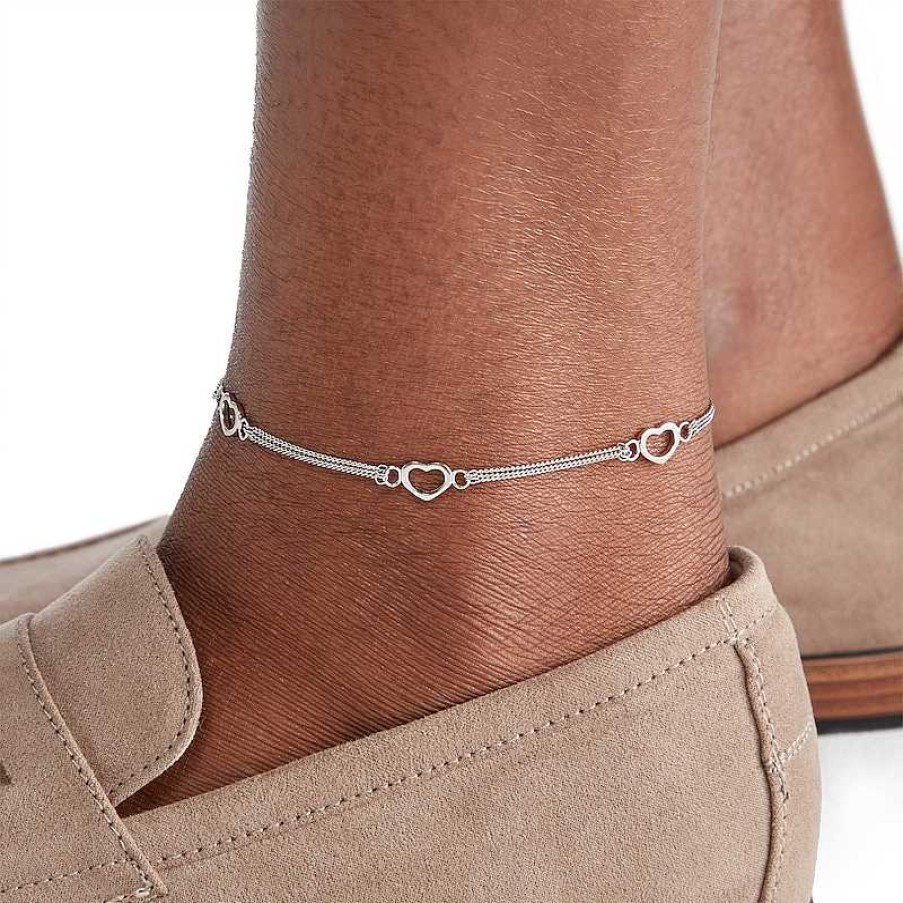 Banter Sterling Silver Heart Station Triple Chain Anklet Ankle