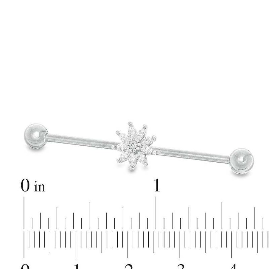 Banter Solid Stainless Steel Marquise And Round Cz Flower Industrial Barbell - 14G Earrings