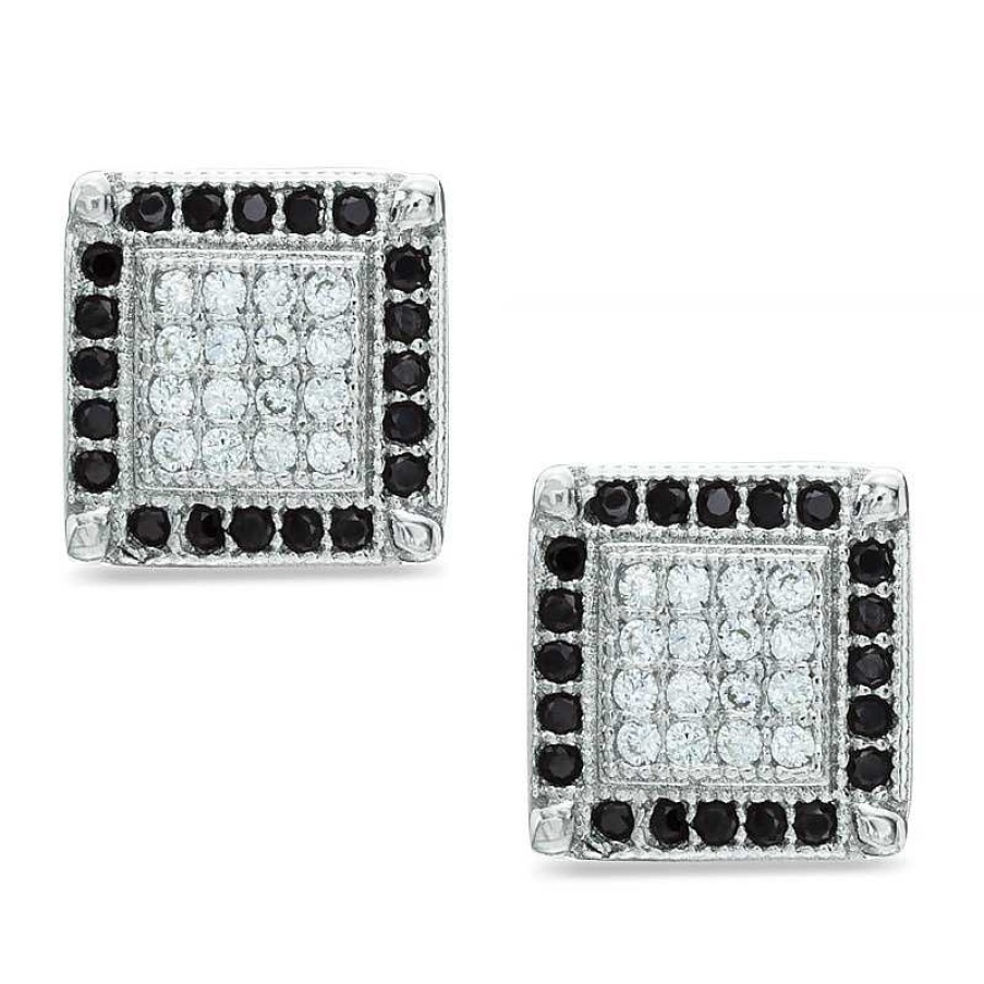 Banter Black And White Cubic Zirconia Square Frame Stud Earrings In Solid Sterling Silver Earrings