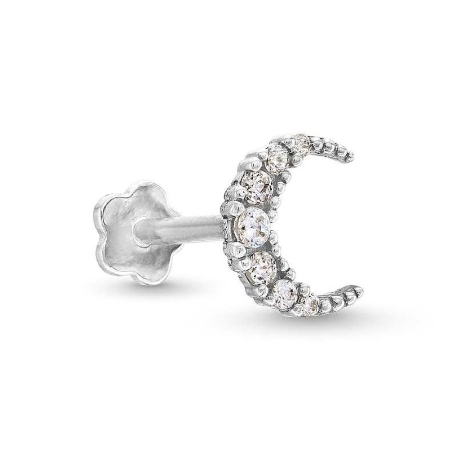 Banter 14K White Gold Cz Moon Stud - 18G 5/16" Ear