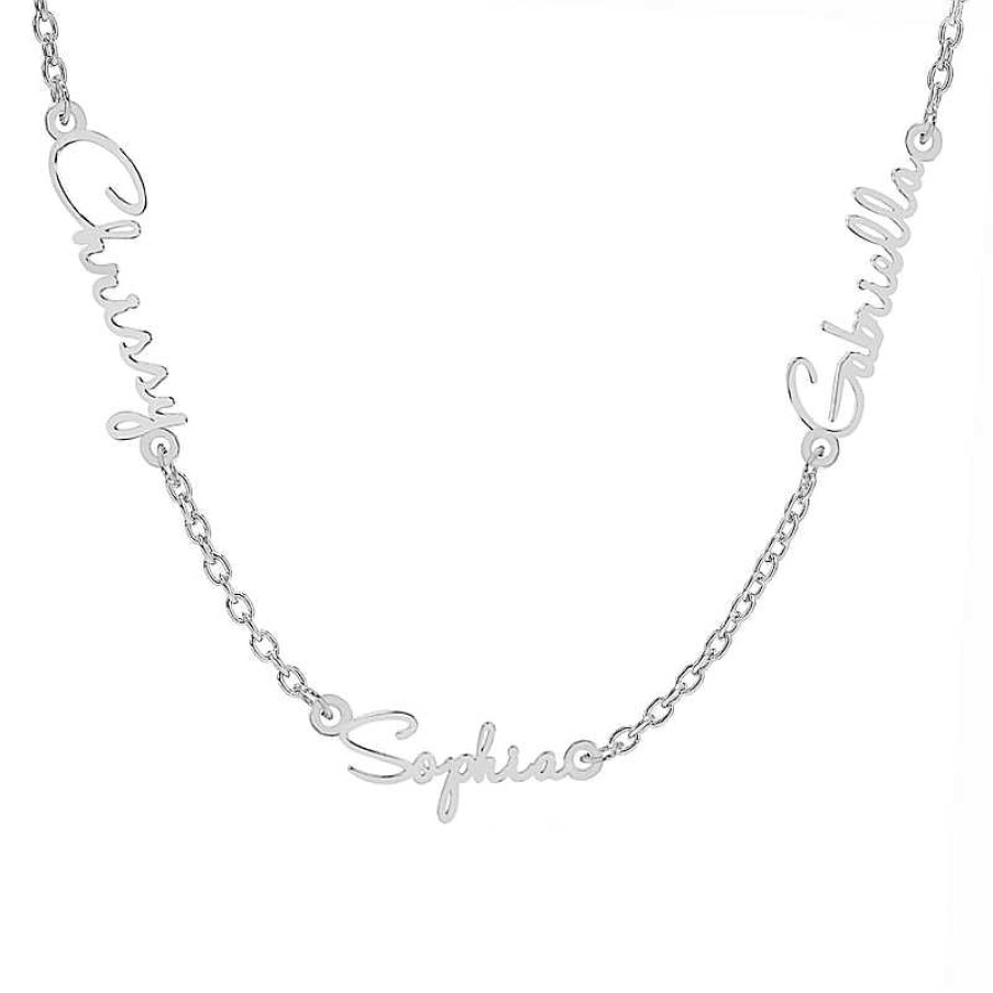 Banter Three Name Script Nameplate Curb Chain Necklace In Solid Sterling Silver - 18" Necklaces