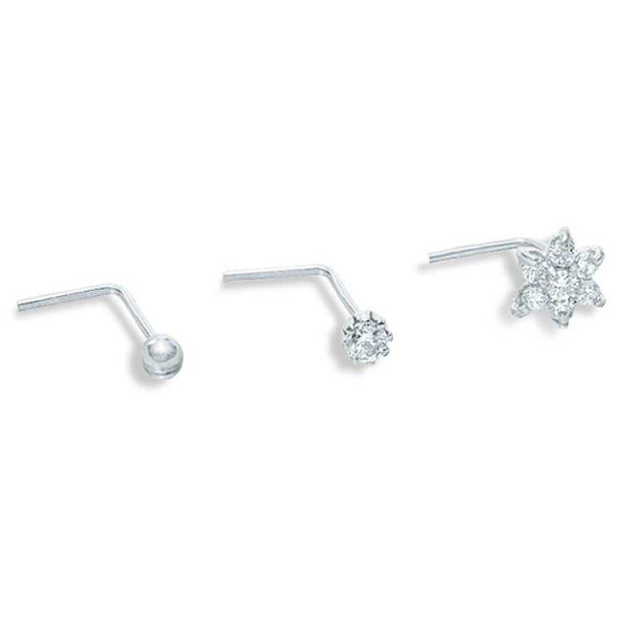 Banter 10K Solid White Gold Cz L-Shaped Nose Stud Set - 18G Nose