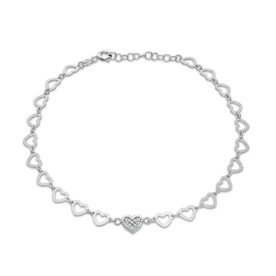 Banter Sterling Silver Cz Heart Link Anklet Made In Italy Ankle