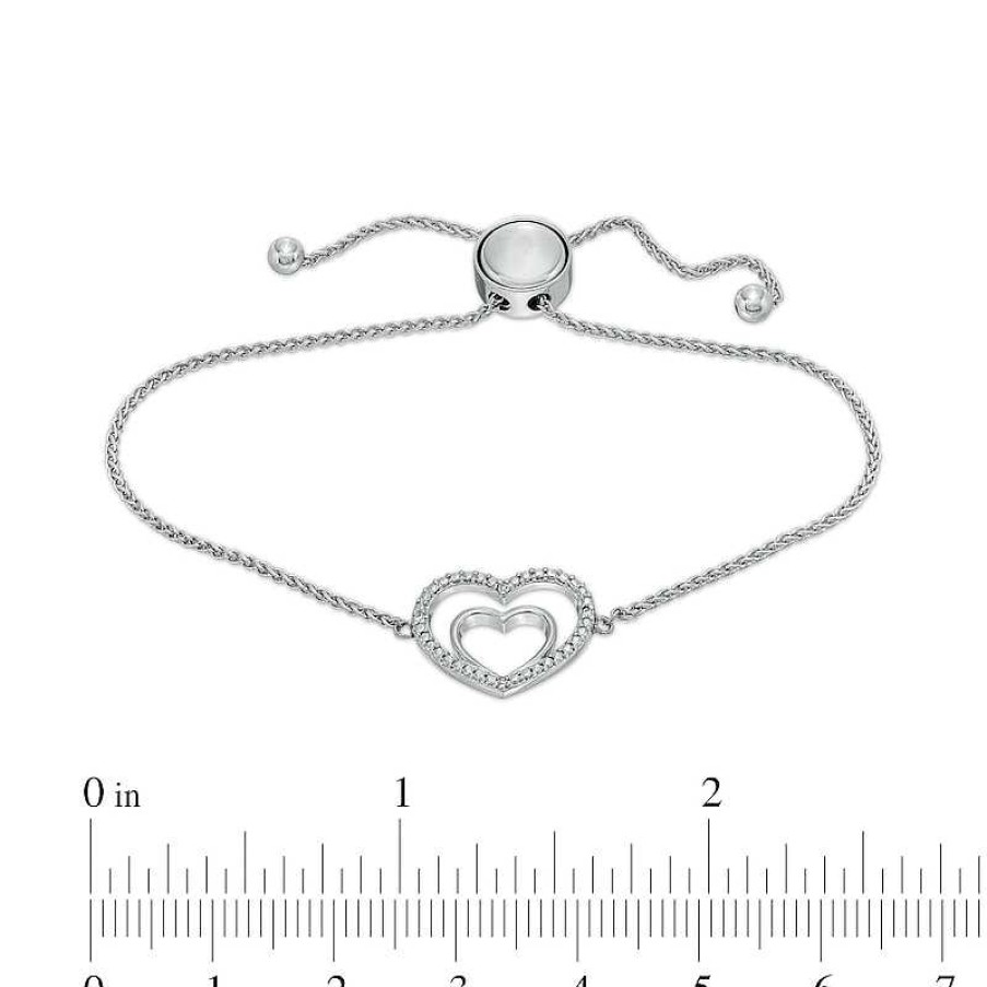 Banter Diamond Accent Double Heart Bolo Bracelet In Sterling Silver 9" Bracelets