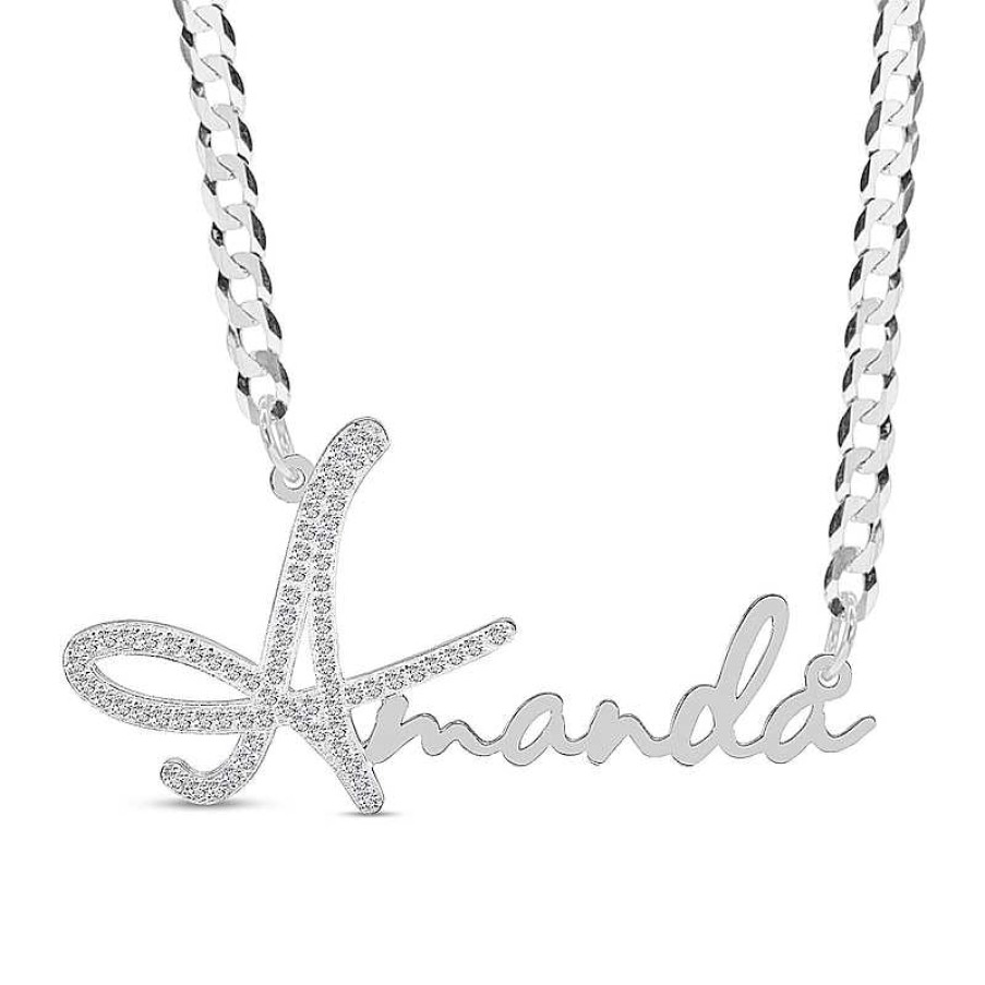 Banter Cubic Zirconia Personalized Name Script Curb Chain Necklace In Sterling Silver - 18" Necklaces