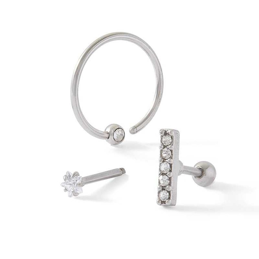 Banter Stainless Steel Tube And Brass Solid Cz Star, Bar And Bead Cartilage Barbell And Hoop Set - 18G Earrings