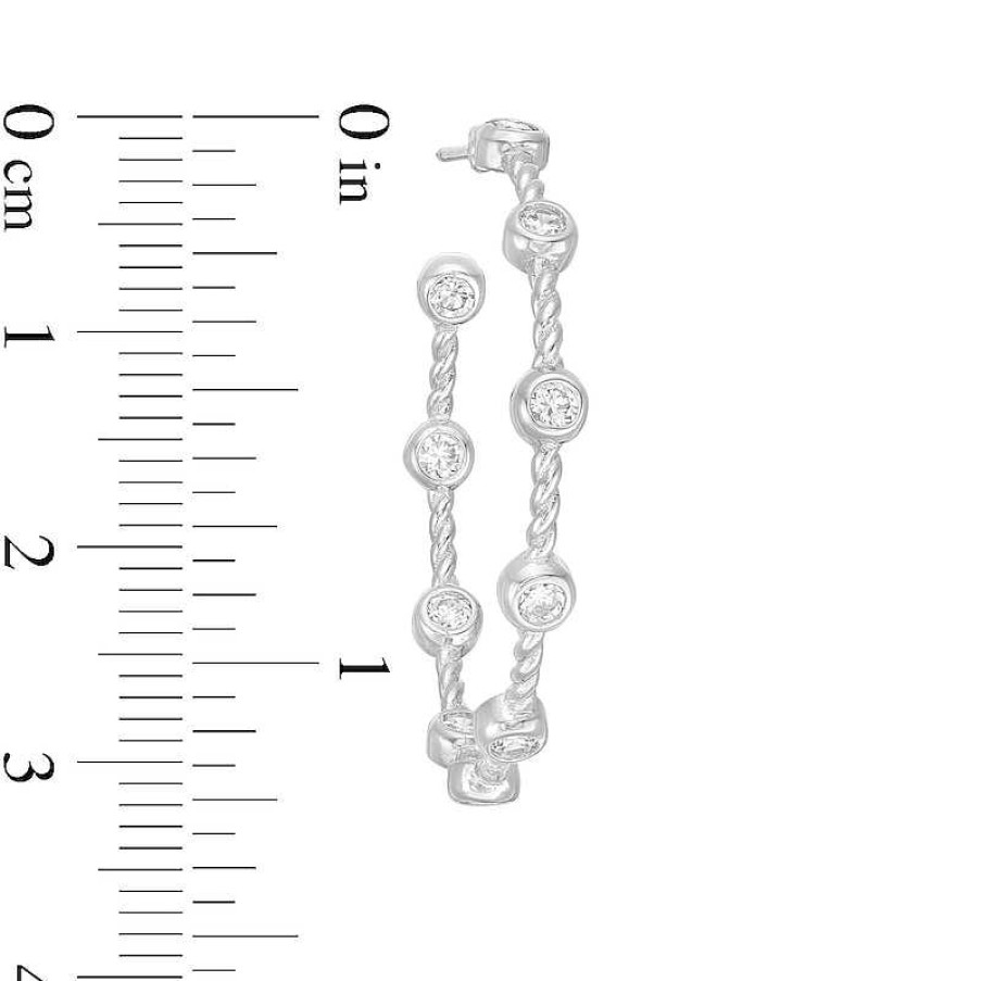 Banter 3Mm Bezel-Set Cubic Zirconia Station Rope-Textured Inside-Out J-Hoop Earrings In Sterling Silver Earrings