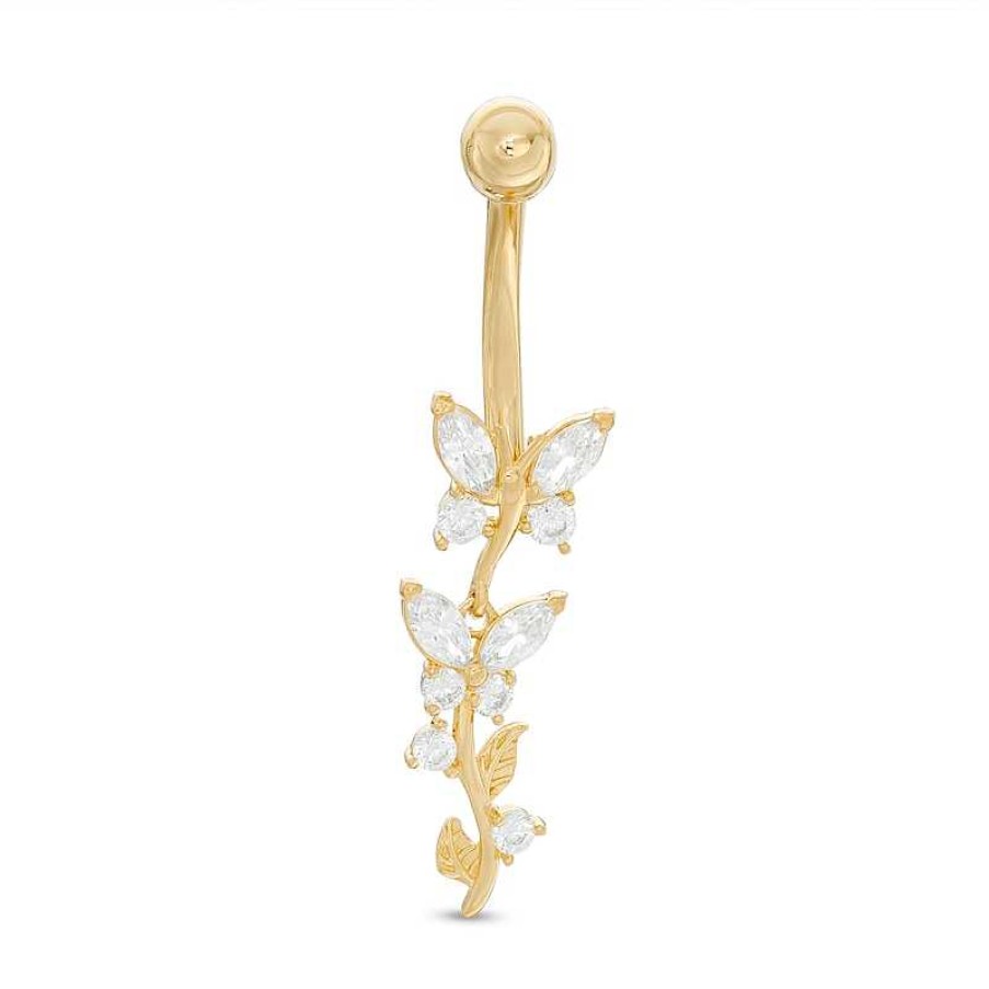 Banter 014 Gauge Marquise Cubic Zirconia Double Butterfly Dangle Belly Button Ring In 14K Gold Belly Button