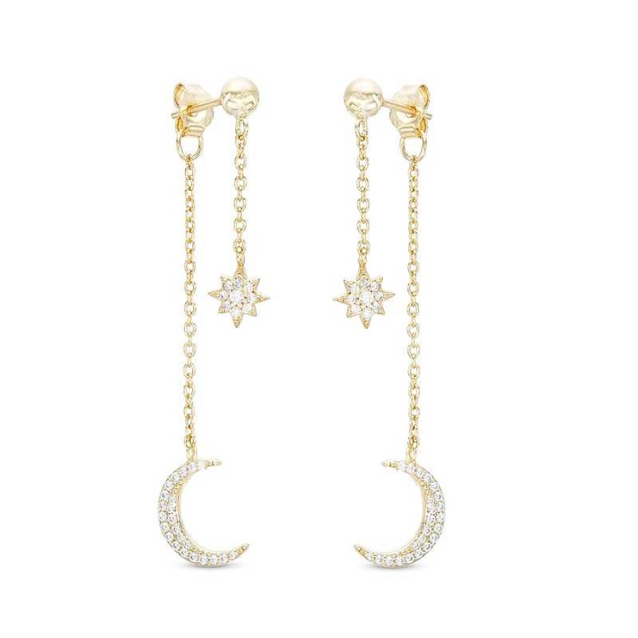 Banter Cubic Zirconia Star And Moon Double Dangle Drop Earrings In Solid Sterling Silver With 18K Gold Plate Earrings