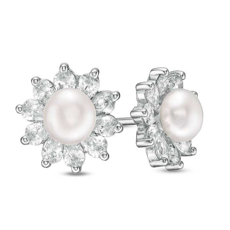 Banter 5Mm Simulated Pearl And Pear-Shaped Cubic Zirconia Frame Flower Stud Earrings In Solid Sterling Silver Earrings