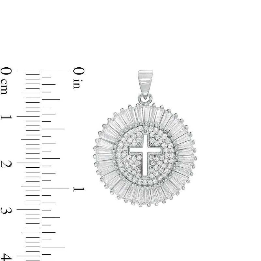 Banter Baguette And Round Cubic Zirconia Disc With Cut-Out Cross Necklace Charm In Solid Sterling Silver Charms